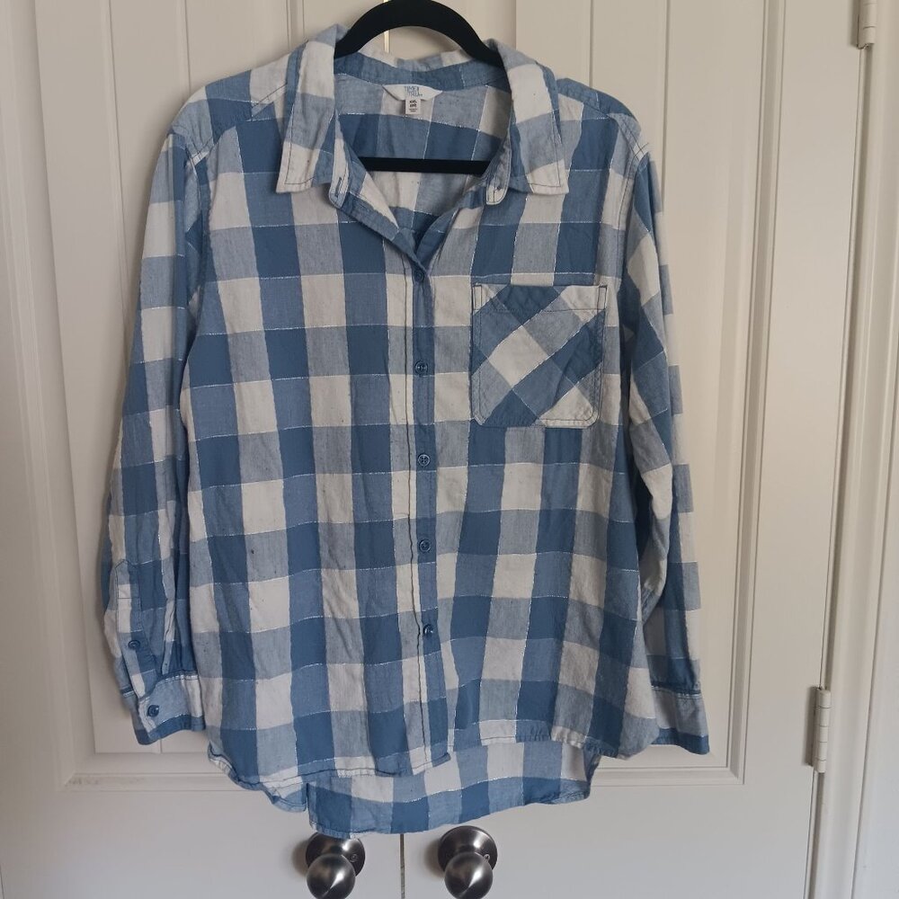 Time And Tru XXL Blue/White Plaid Long Sleeve Button-Up Shirt